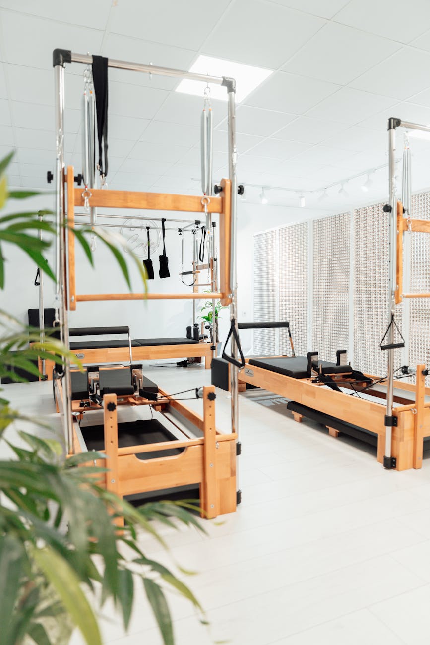 pilates towers in a white room